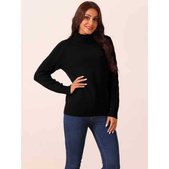 High Neck Long Sleeve Casual Chunky Warm Pullover Sweater Top Black - Picture 2 of 5